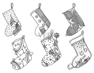 一套圣诞袜。矢量程式化的冬天袜子的集合。一整套装饰圣诞丝袜。手工绘制的黑色和白色。涂鸦艺术矢量图素材下载 - Veer图库
