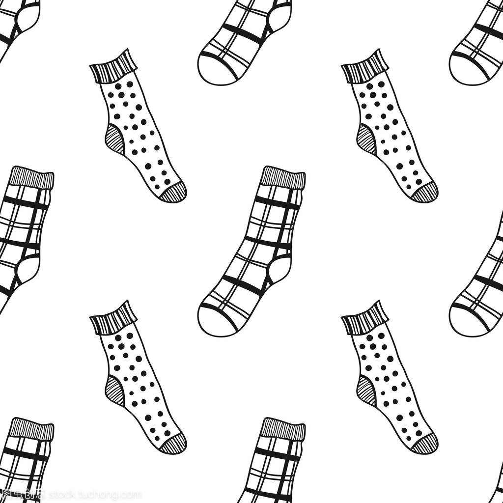 袜子。黑白无缝图案, 用于着色书籍和页面。针织服装。矢量插图
