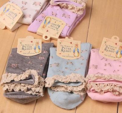 满包邮新款袜子 花边碎花彼得兔精梳棉中筒女袜子 5色