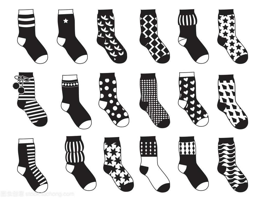 孩子的剪影袜子与不同模式。矢量单色插图隔离